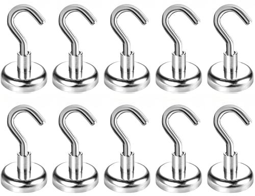 Wukong 10 Stück Neodym Magnethaken Extra Stark, 25mm Starker Magnete mit Hacken, Klein Magnetische Haken Hält 19KG(42LB), Groß Rund Magnete für Kühlschränke, Küchen und Lager