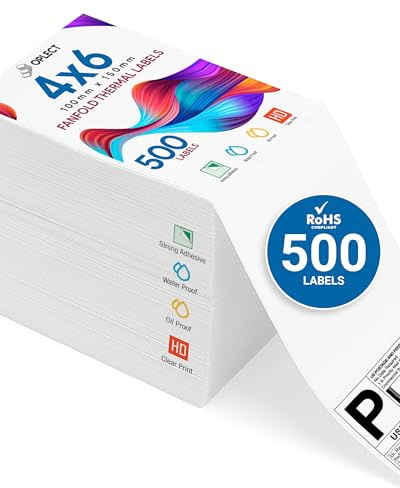 500 Unit Fanfold 4x6 Direct Thermal Shipping Labels - BPA-Free, Smudge-Resistant, Strong Adhesive - Compatible with MUNBYN, Rollo, Zebra Printers - Works with UPS, USPS, FedEx, Amazon FBA