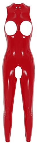 CHICTRY Women's Stand Collar Long Sleeve Full Body Suit Wet Look Leather Zipper Catsuit Clubwear 4# Red 4XL