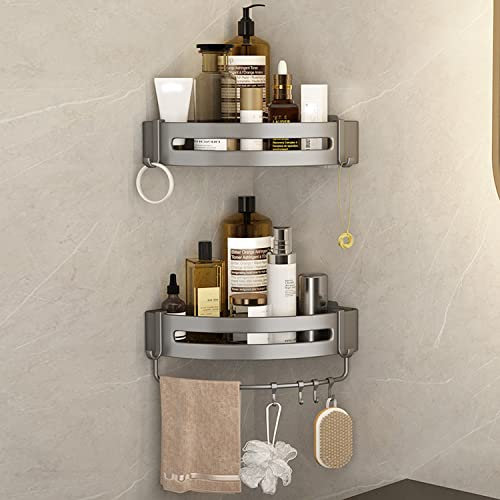 ALLILUYAA Duschablage Ohne Bohren,Duschablage Ecke Badezimmer Zubehör mit 4 Haken,Aluminium Duschregal,Badregal Ohne Bohren für Küche Bad Duschkorb zum Hängen 2 Stück
