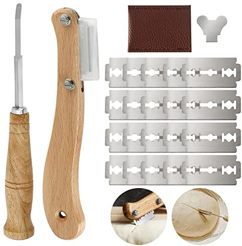 VOSSOT Set di 2 Coltelli da Pane, Rasoio Coltello da Pane in Legno con 20 Lame - Coltello da Pane Curvo Ideale, Coltello da Incisione per Impasto Accessori per la Cottura per Pane Fai da Te