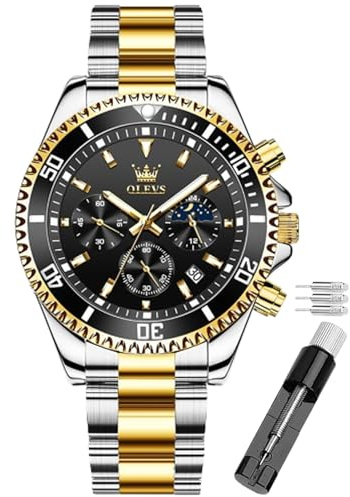 OLEVS Armbanduhr für Herren, wasserdicht, blaues Zifferblatt, luxuriös, zweifarbig, Edelstahl-Armbanduhr mit Tagesdatum, modisch, klassisch, Silberfarben/goldfarben/grünes Zifferblatt, Armband
