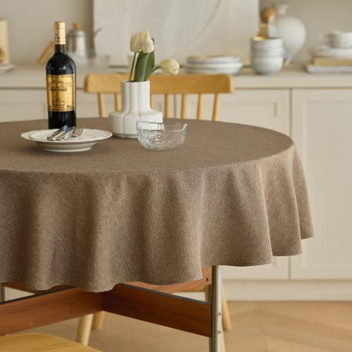 Decorelia Waterproof Kitchen Faux Linen Round Tablecloth, Decorative Fabric Burlap Texture Farmhouse Soft Table Cloth Cover for Dining Party Indoor Outdoor Use (60 Inch, Round (2-4 Seats), Coffee)