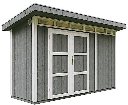 Gartenhaus Premium Qualität 4,3m² - L161xW411cm- All-Inclusive-Set mit Boden, Bitumen-Dachziegeln, Farbset- Hochwertiger Geräteschuppen aus Holzwerkstoffplatten LP Smartside - M902A Cavern Steel