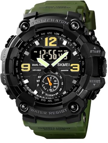 FANMIS Mens Analog Digital Dual Display Sports Watches Military Multifunctional 50M Waterproof LED Watch with Alarm Stopwatch Backlight 12H/24H Outdoor Running Swimming (Y Army Green)