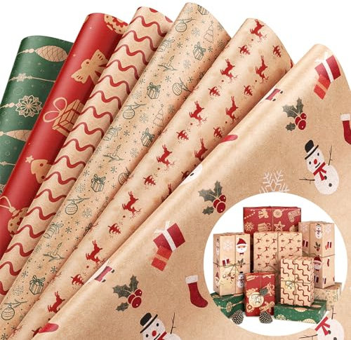 COVACURE Geschenkpapier Weihnachten 12 Stück 6 Muster 70x50 cm Weihnachtsgeschenkpapier mit Geschenkanhänger Weihnachten und Jute Schnur
