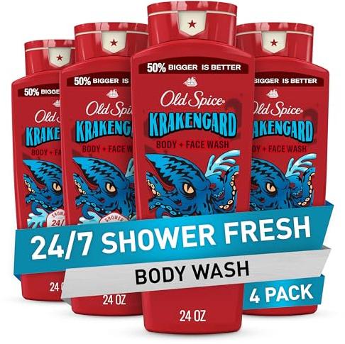 Old Spice Cleansing Body Wash for Men, 3X Defense, 24/7 Shower Fresh with Lasting Scent, 2-in-1 Body & Face Wash, Krakengard with Deep Ocean Scent, 24 oz (Pack of 4)