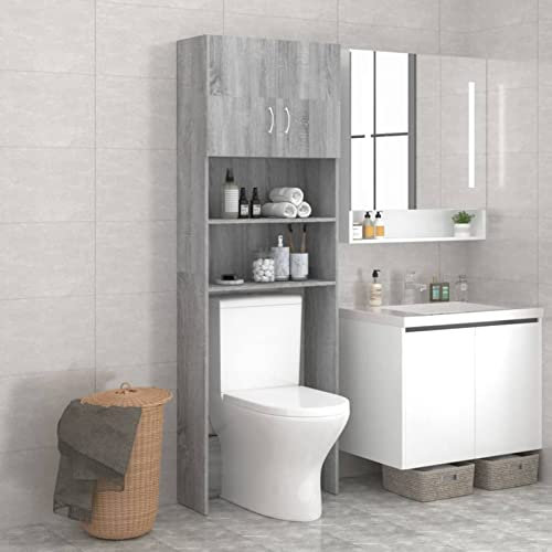 Homgoday Badezimmer Waschmaschinenschrank - Grau Sonoma, Holzwerkstoff, 64 x 25,5 x 190 cm, Stauraum für Waschmittel und Toilettenartikel Model815070