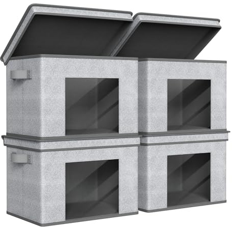 Univivi Foldable Fabric Storage Boxes Large Storage Bins with Lids [4-Pack] Collapsible Storage Cube Organizer, Closet & Bedroom Organization Containers, Home Storage Cube Box (Gray, 17“ x 12” x 12)
