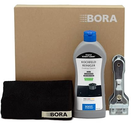 BORA Herd Reiniger für Glaskeramik-Kochfeld, Reinigungsset inkl. Kratzer und Mikrofasertuch, 300 ml Ceran- und Induktionsfeldreiniger