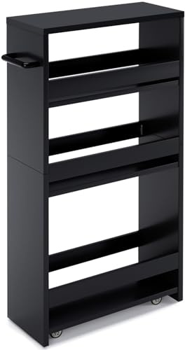 MARTY Slim Rolling Storage Cart 4-Tier Kitchen Cart with Wheels, Laundry Room Storage with Handle Slide Out Utility Cart Shelving Unit Organizer Trolley for Narrow Places Bathroom Small Corner, Black