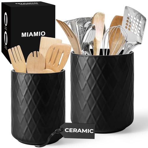 MIAMIO – Kitchen Utensil Holder Ceramic / Kitchen Organizer Set, Farmhouse Decor for Organizing Countertop and Storing Cutlery, Cooking Spoons, and Accessories - Palmanova Collection (Black)