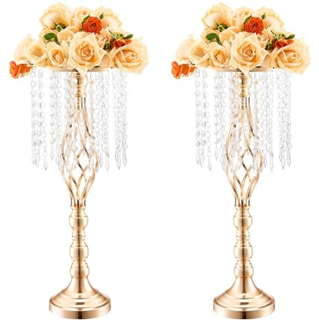 VEVOR Supporto per Fiori da Matrimonio in Cristallo, Alto 55 cm Centrotavola in Metallo per Matrimonio 2 Pezzi, Portafiori Dorati, Espositore Floreale per Tavoli, Cene di Nozze, Cerimonia, Compleanno