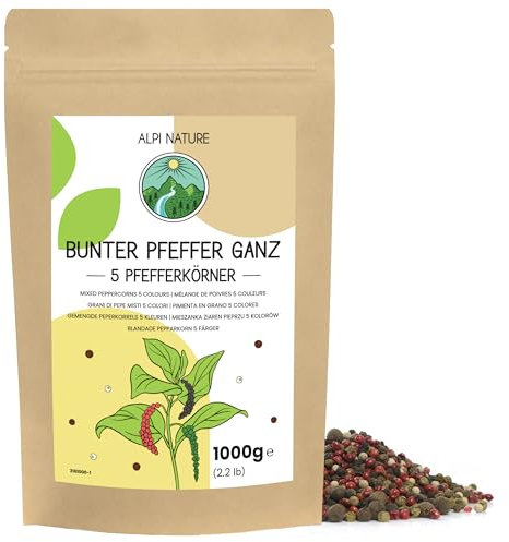 Alpi Nature Pimienta en Grano Mezcla 5 Colores 1kg, Pimienta Negra, Blanca, Verde y Rosa con Pimienta de Jamaica