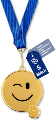 geschenke-fabrik.de Smiley Daumen hoch-Medaillen Kinder-Set, Gold, Metall | Bandfarbe & -breite nach Wahl, optional mit Wunschtext, für Kindergeburtstag, Turniere & Vereine