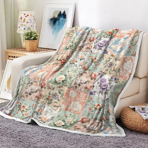Boho Throw Blanket Pink Floral Patchwork Throw Blankets for Women Cozy Blanket Colorful Vintage Flower Throw Blankets Decorative Soft Cozy Flannel Blanket for Home Bed Sofa Couch Chair, 50x60