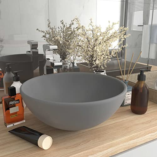 Gecheer Lavandino Lusso Rotondo Grigio Chiaro Opaco 32,5x14 cm Ceramica,Lavandino,lavandini,Lavello,Lavelli,da Bagno,d'Appoggio,Lavandino da Bagno Appoggio,Lavandino d'Appoggio,P146971