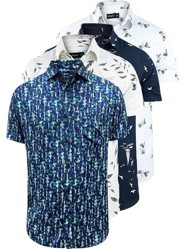 WJL WHISPERING JONES LONDON Mens 4 Pack Hawaiian Short Sleeve Beach Holiday Summer Designer Floral Shirt Menswear Printed Top, Pack 2, L