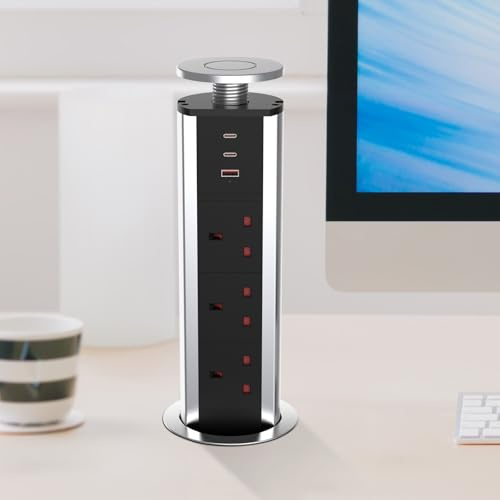CURUK Pop Up Sockets for Kitchen Worktops with 3 USB Ports(2 Type C and 1 USB-A), 3 Plug Extension Recessed Desk Power Socket with 1.8M Cable for Home, Office - Silver