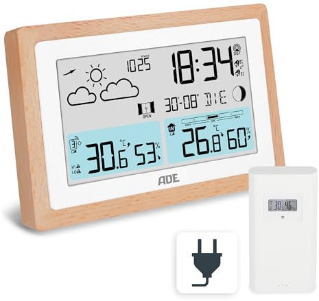 ADE Stazione meteorologica digitale con sensore esterno | temperatura interna/esterna | igrometro, barometro, previsioni tempo | raccomandazione di ventilazione | sveglia | alimentatore incl.