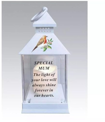 YöL Special Mum - Lantern Style Memorial - Garden Graveside Ornament Memories - LED Battery Operated - Robin Bird Waterproof - Remembrance Sympathy Tribute - Thoughtful Keepsake