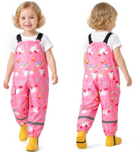 Baogaier Kids Rain Trousers Girl Waterproof Dungarees 3-4 Years, Pink Horse
