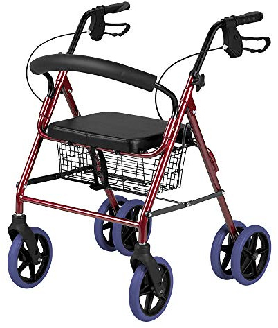 BRICOZONE Deambulatore Pieghevole 6 Ruote Regolabile In Altezza Con Seduta Cuscino E Cestino Struttura Leggera In Alluminio Dispositivo Medico Ideale Per Anziani E Mobilità Ridotta (Rosso Rubino)