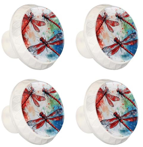 4 Pack 1.37 Dresser Drawer Knobs, Round Crystal Glass Cabinet Pulls with Screws for Kitchen, Bathroom, Nursery Nursery Kids Room (Red Dragonfly with Red Blue and Green Watercolor Paint)