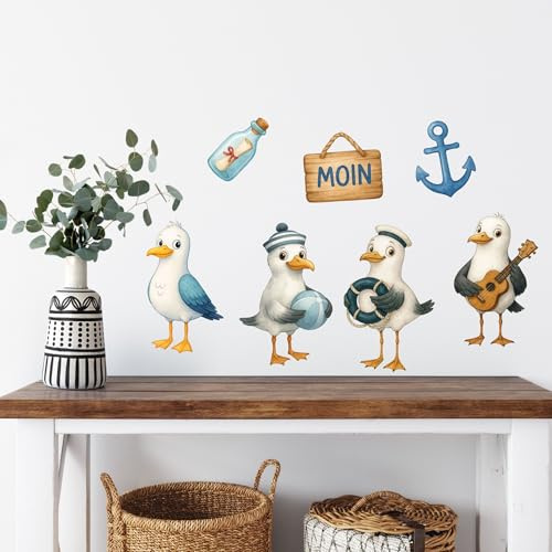 Maritimes Wandtattoo Möwen Maritim Anker Flaschenpost selbstklebend | mögliche Gestaltungsfäche: 120 cm x 120 cm, 120 x 120 cm, Möwen | Set 1; maritime Wanddeko als Vinylfolie für Bad, Flur und K