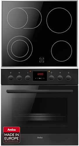 Amica Einbauherd Set 60 cm 65 L Glaskeramik Schwarz Matt EHC 12921 SM | 11 Backofenfunktionen, 2-fach Auszug, SensorControl Timer, SteamClean, EasyClean, HiLight Kochzonen, Versenkknebel