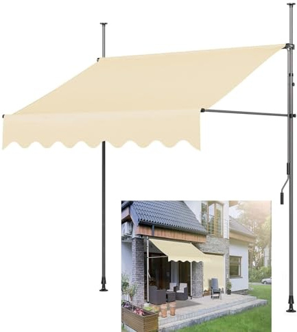 Justerbar balkongmarkis – 250 x 120 cm och 300 x 120 cm – ingen borr, handvev, sol och regnskydd – enkel installation för balkong och terrass – beige färg