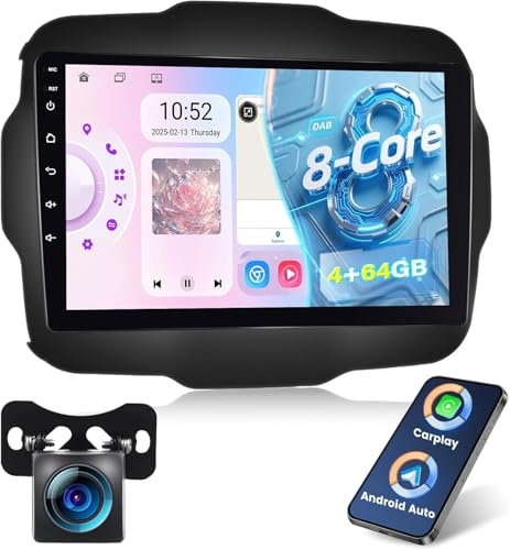 NHOPEEW 8 core 4+64G DAB/DAB+ Autoradio per Jeep Renegade 2016-2020 – Radio da 9 pollici con supporto Carplay e Android Auto, WLAN e GPS, ventola DSP + telecamera posteriore