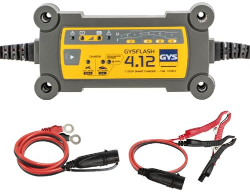 GYS, GYSFLASH 4.12, Chargeur de Batterie Intelligent Plomb (VRLA, AGM, SLA, Gel, Liquide, EFB), 0,8A/4A, Véhicules 12V (Moto, Voiture), Maintien de Charge Sécurisé, Désulfatation, IP65