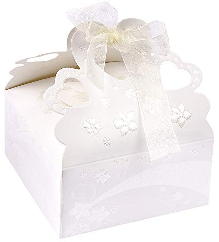 Ideen mit Herz 10 Geschenkboxen aus veredeltem Papier, Perlmuttveredelung | ideal für Hochzeit, als Gastgeschenk | verschiedene Größen von klein bis groß (Herzen/Blüten - weiß, 11 x 11 x 5,5 cm)