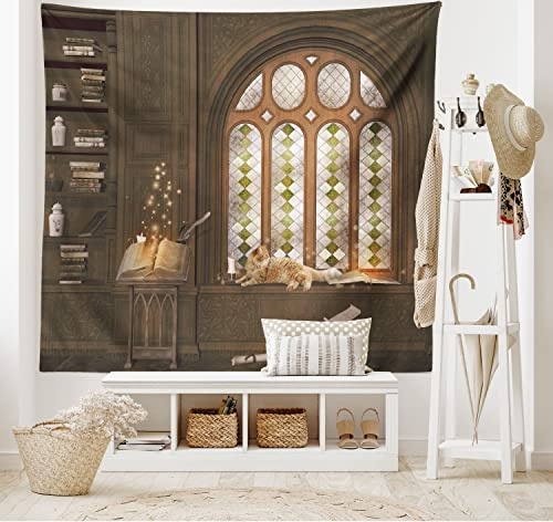 ABAKUHAUS Bibliothek Wandteppich, Mittelalterliche Bibliothek Katze aus Weiches Mikrofaser Stoff Waschbar ohne Verblassen Digitaldruck, 150 x 110 cm,Taupe