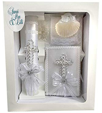 Swea Pea & Lilli White Pearl Cross Baptism Candle Set Kit for Christenings with Shell - Spanish