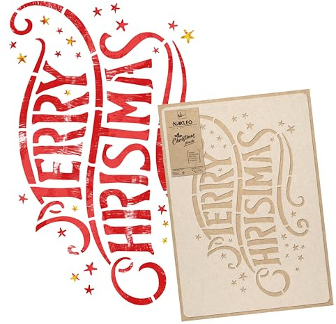 NAKLEO Plantillas de Navidad para Pintar 30x42cm, Merry Christmas Patrón, Stencil Navideñas Plástico y Reutilizable para Spray de Nieve y Dibujar, DIY Arte Decoración Ventana Puerta Pared Madera Papel