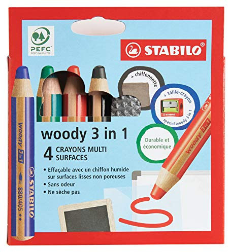 STABILO Bleistift für verschiedene glatte Oberflächen woody 3in1 – Kartonetui mit 4 Bleistiften + 1 Spitzer + 1 Reinigungstuch