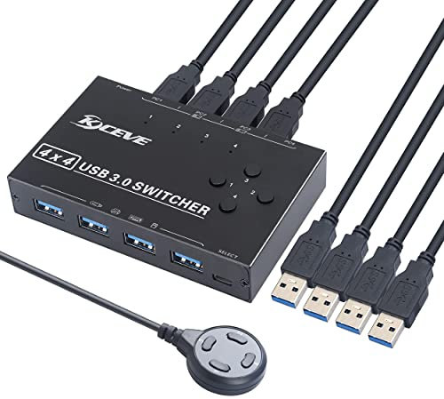 KCEVE USB 3.0 Switch 4-Entrées 4-Sorties, Sélecteur De USB Commutateur pour 4 Ordinateurs partageant périphériques USB, Souris, Clavier, Scanner, imprimante, etc