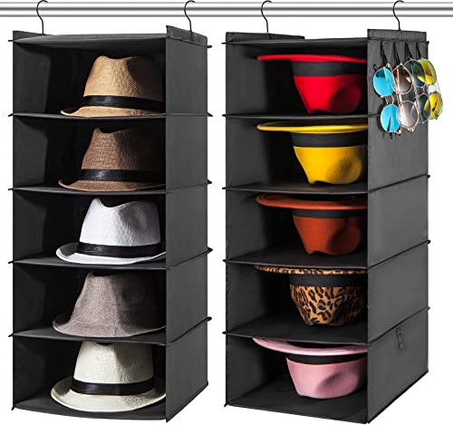 AMZOK Hat Rack for Closet Hanging Organizer Fedora, 2 Pack 10 Shelves Organization, Cap Storage Cowboy Wide Brim Sunhat XL Holder Easy to Install (Black)