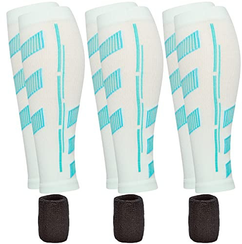 Dee Plus Calf Compression Sleeves 3-Pairs for Men & Women, V-stripes Colored Leg Compression Socks Calf Support (L,3 Pairs White+Sky blue)