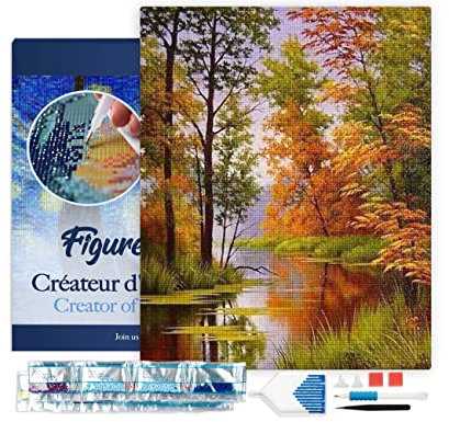 Figured'Art Diamond Painting Kit completo con marco - Cuadro 40x50cm de Pintura de Diamante - Bastidor montado - diamantes de imitación cuadrados - Lago en otoño - 5D DIY Manualidades Adultos