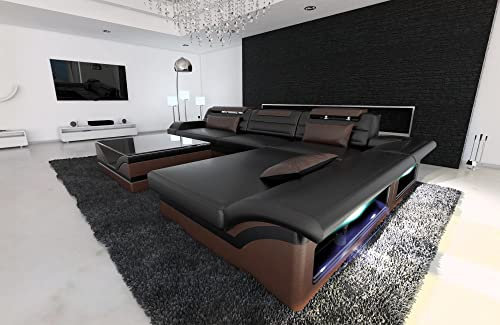 Ecksofa Monza L Form Ledersofa Sofa - mit LED Beleuchtung, verstellbare Kopfstützen, Recamiere/Lederfarben wählbar/Ausrichtung wählbar (Ottomane rechts, Schwarz-Dunkelbraun)