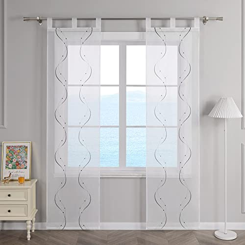 ESLIR Schiebegardinen Voile Flächenvorhänge Set 2er Schiebevorhang Wohnzimmer Gardinen mit Schlaufen Transparent Vorhang Bestickt Grau BxH 57x225cm 2 Stück