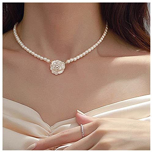 Cimenexe Collana A Catena Di Perle Bohémien Collana Pendente Di Fiori Bianchi Collana Girocollo Di Perle Di Camelia Collana Di Perle Perline Di Camelia Gioielli Per Donne E Ragazze Regali