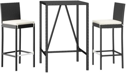 vidaXL Gartenbar Set 3-TLG., Gartenmöbel Bartisch 2 Barstühle, Stehtisch Barhocker für Garten Terrasse, Sitzgruppe Gartenset mit Kissen, Schwarz Poly Rattan