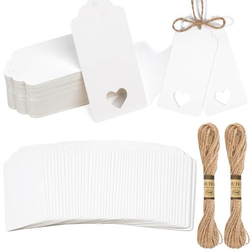 Geschenkanhänger Kraftpapier Anhänger Etiketten 120 Stück, 4.5x9.5cm Kraftpapier Etiketten Tags mit 20 Meter Juteschnur, Geschenk Anhänger für Hochzeit Geschenke zum Basteln, Weiß