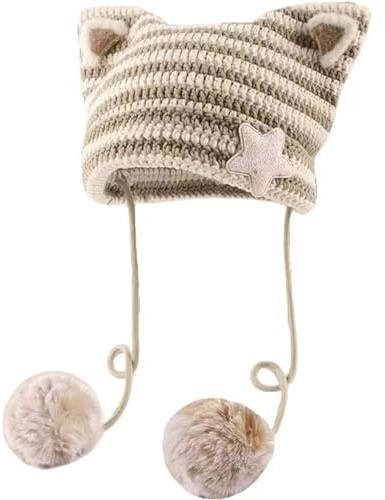 Y2k Beanie mit Katzenohren, Gyaru, Acubi-Teufel, Häkelmütze, niedlicher Kawaii-Stern, Grunge, ästhetische Pompons, Cutecore Y2k Harajuku Kleidung