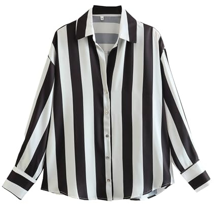 Women's Satin Fashion Long Sleeves Shirts Stripe Elegant Button Down Shirts Relax Fit Comfy Blouse Top (Black White,XS)