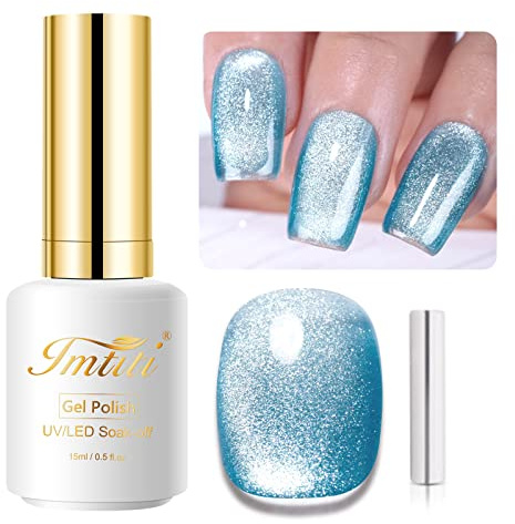 IMTITI Tiefes Himmelblau UV Gel Nagellack, 15 ml 9D Chamäleon Holografisch Gel Nagellack Magnetisch Nagelgel Glitzer Katzenauge Gel UV LED Soak Off mit 1 Magnet